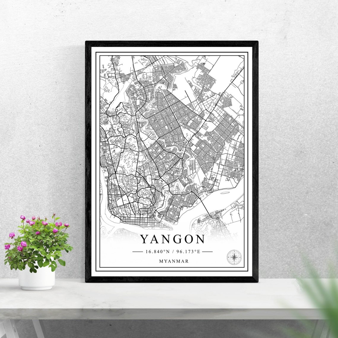 Yangon Myanmar City Street Map Black White Line Artwork Poster