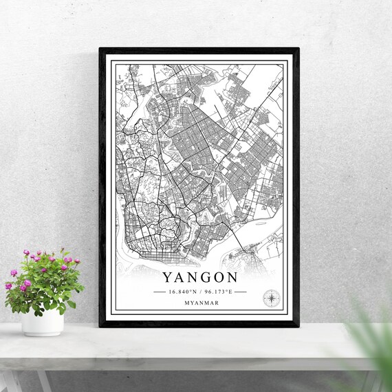 Yangon Myanmar City Street Map Black White Line Artwork Poster