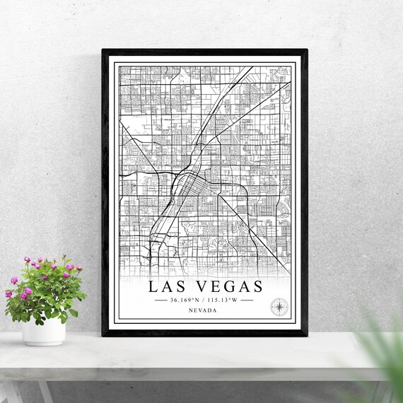 Las Vegas Nevada City Street Map Black White Line Artwork Poster