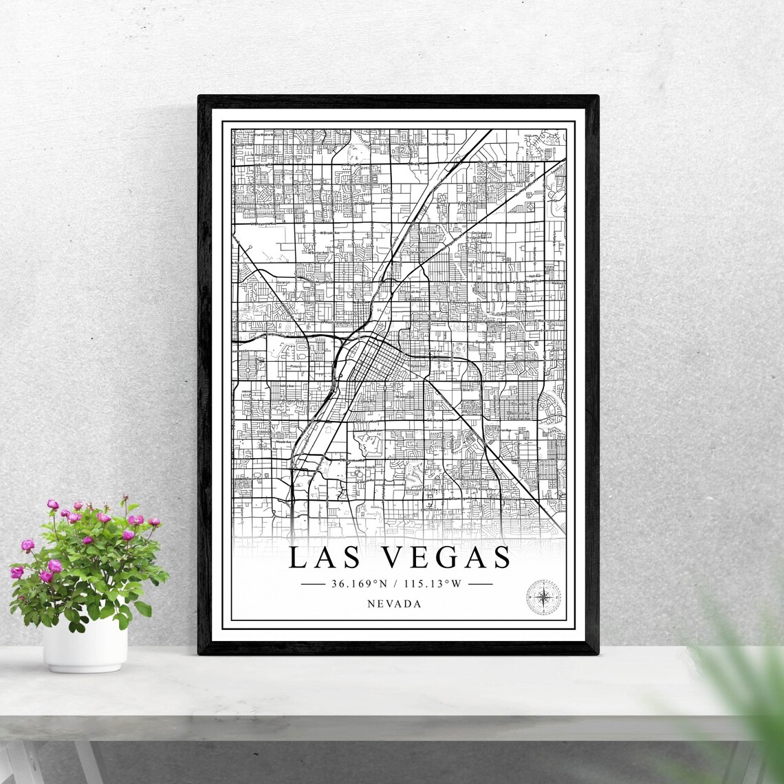 Las Vegas Nevada City Street Map Black White Line Artwork Poster