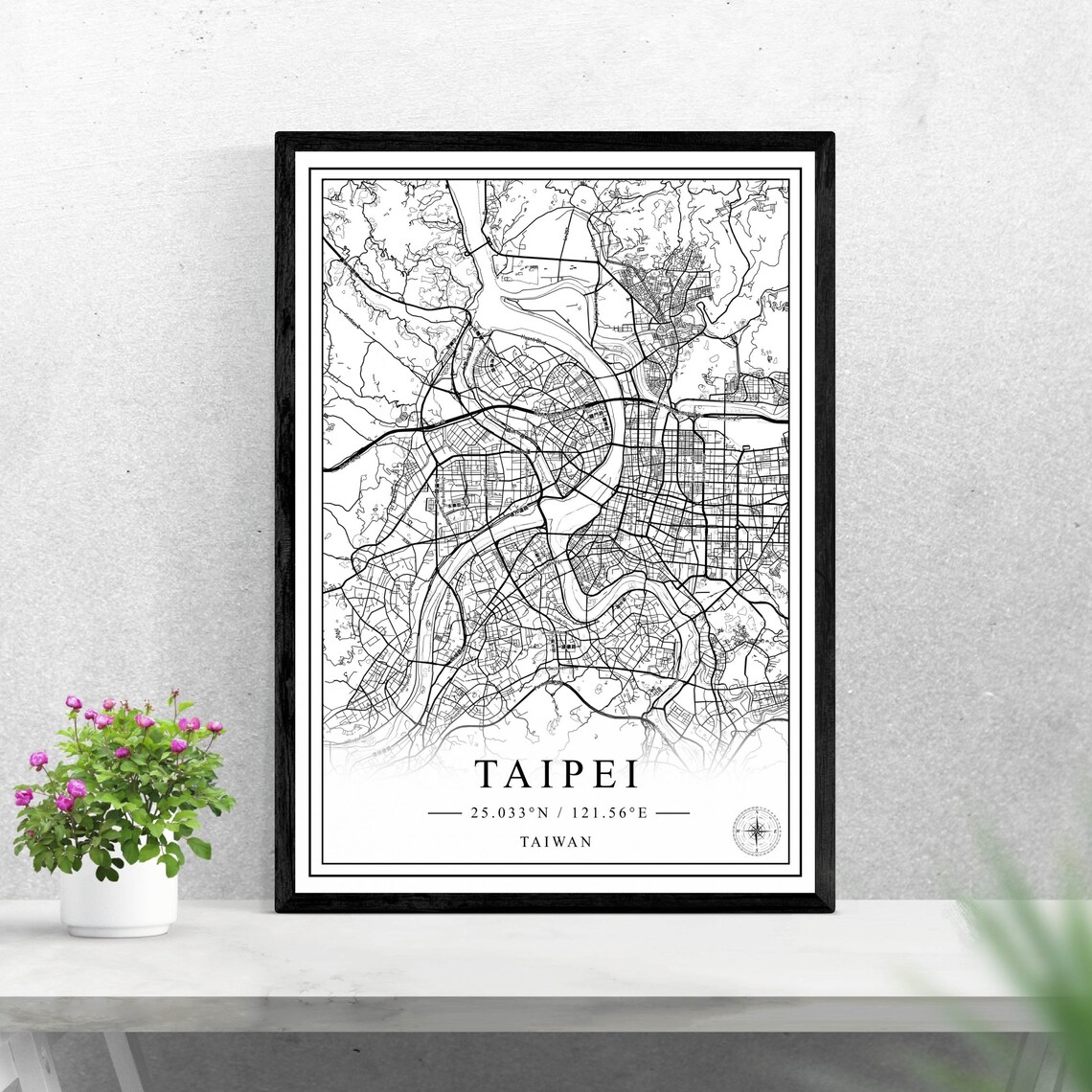 Taipei Taiwan City Street Map Black White Line Artwork Poster