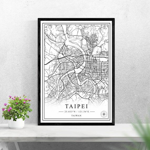 Taipei Taiwan City Street Map Black White Line Artwork Poster