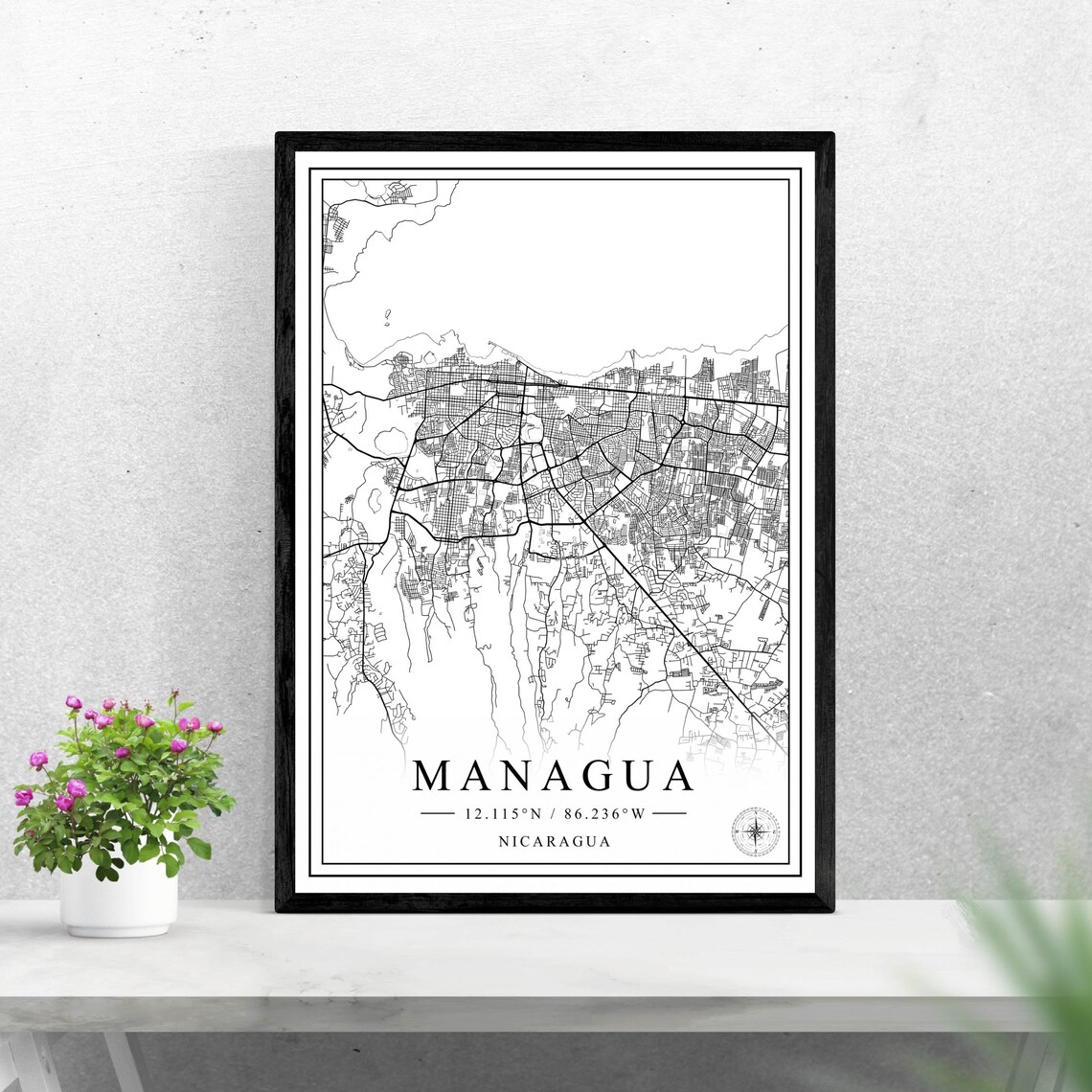 Managua Nicaragua City Street Map Black White Art Poster Decor