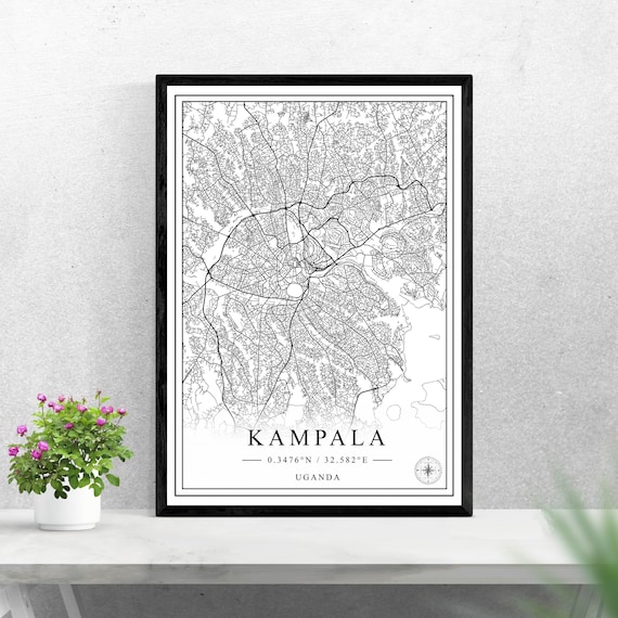 Kampala Uganda Detailed Black and White City Street Map Poster