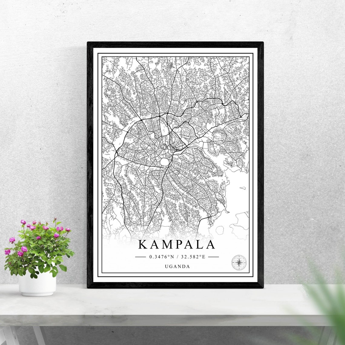 Kampala Uganda Detailed Black and White City Street Map Poster