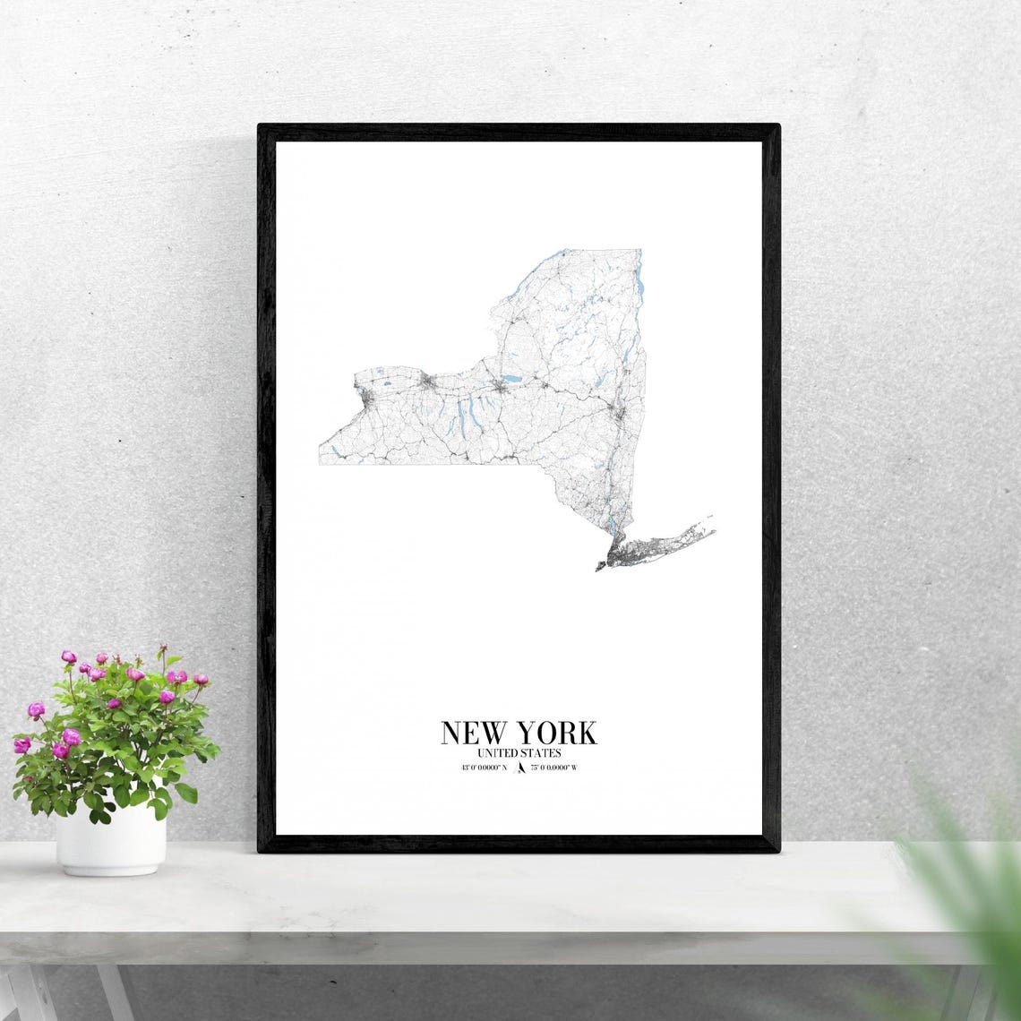 New York State Road Map Minimalist White Poster with Coordinates Art