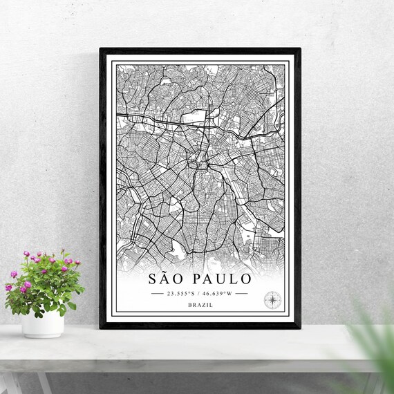 São Paulo Brazil Black and White City Map Poster with Coordinates