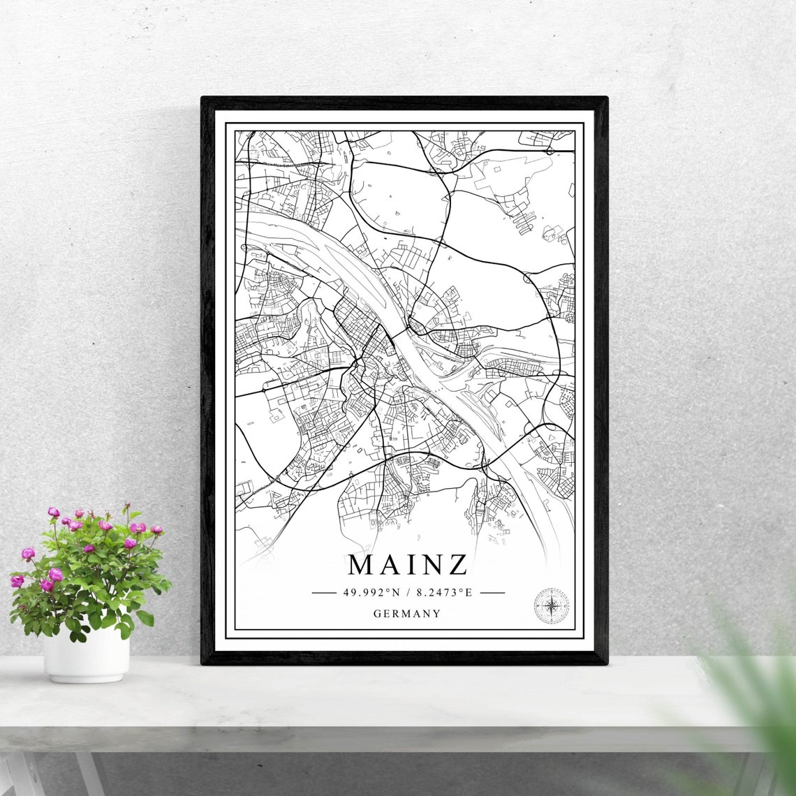 Mainz Germany City Street Map Black White Line Artwork Poster