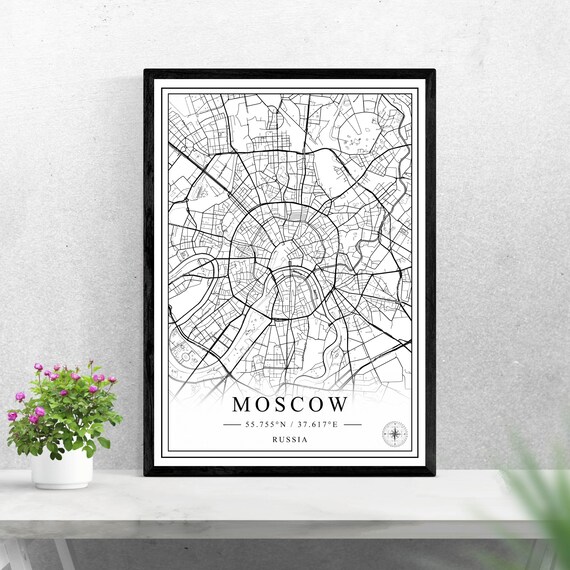 Moscow Russia Black And White Minimalist Street Map Wall Art