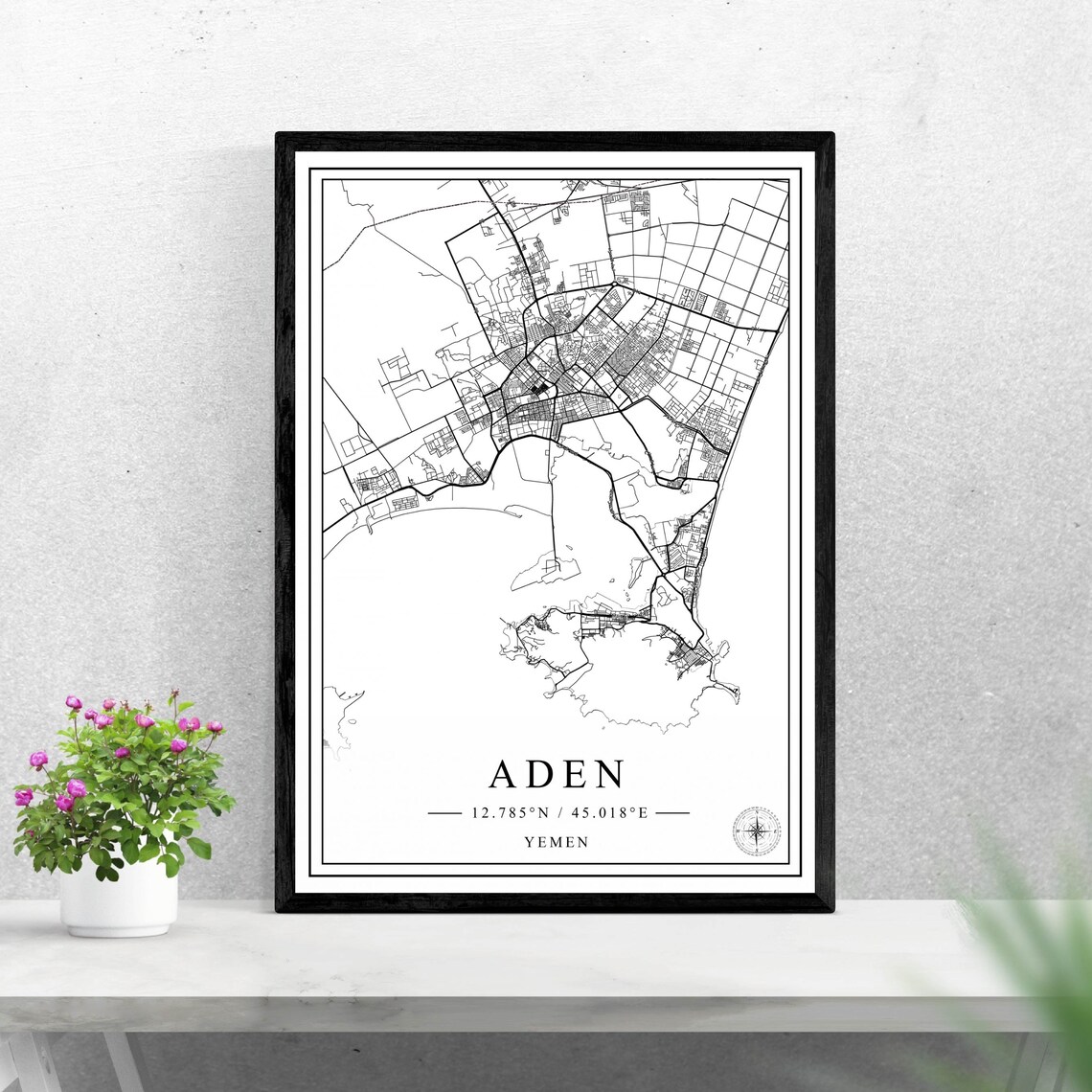 Aden City Map Black And White Travel Poster