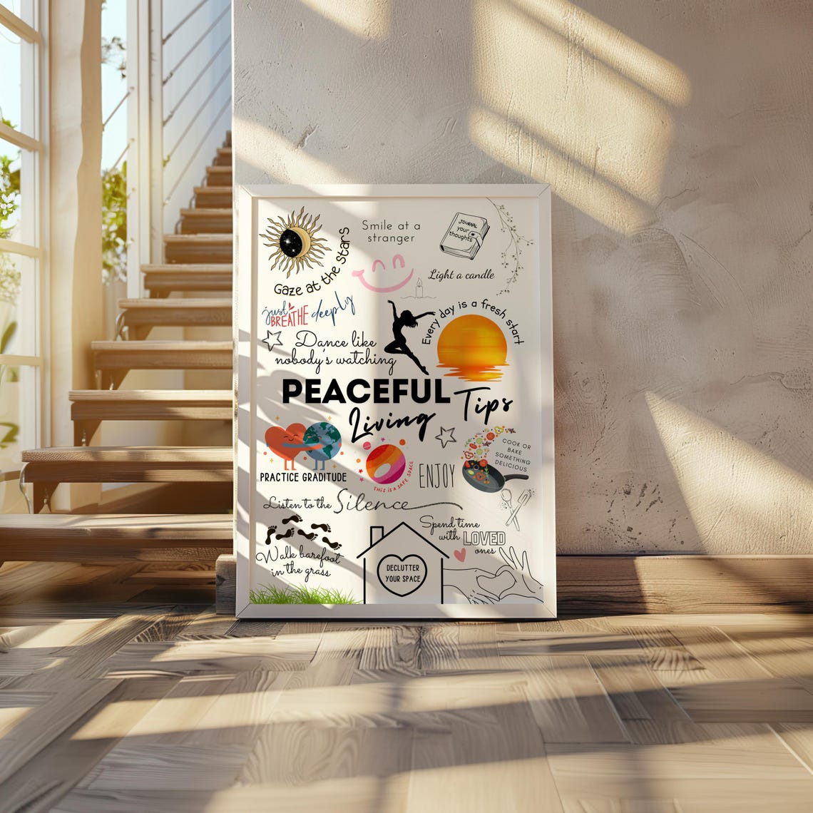 Peaceful Living Tips Illustrated Poster Simple Joys Mindful Life Decor