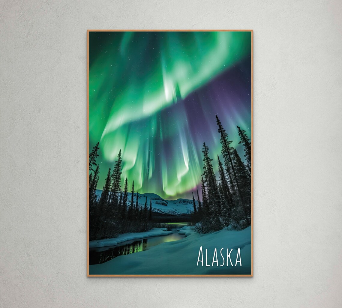 Alaska Aurora Borealis Travel Poster, Nature Decor