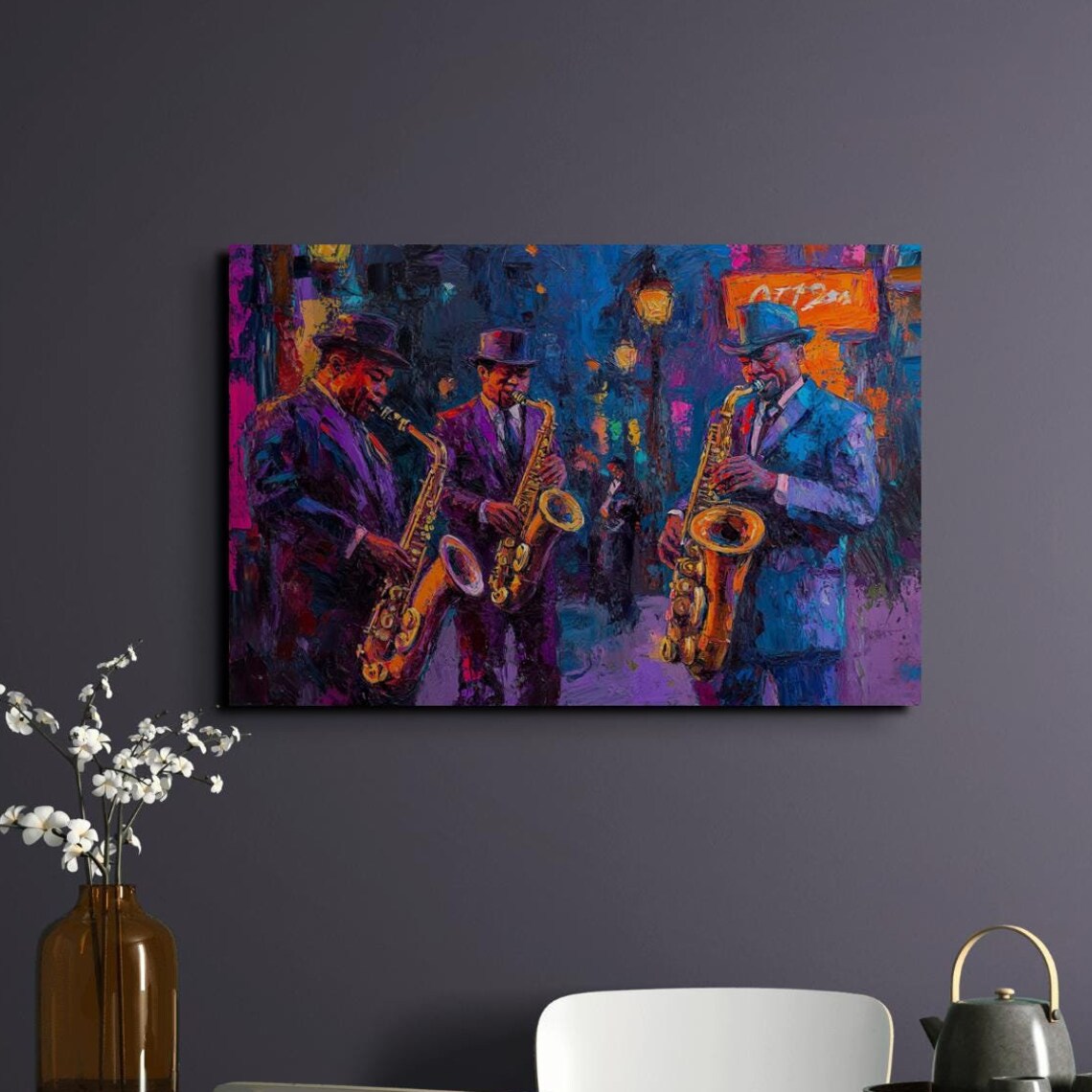 Street Saxophone Trio Night City Moody Blue Jazz Band Art Poster