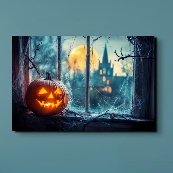 Glowing Jack O Lantern on Gothic Window Ledge Under Full Moon Poster
