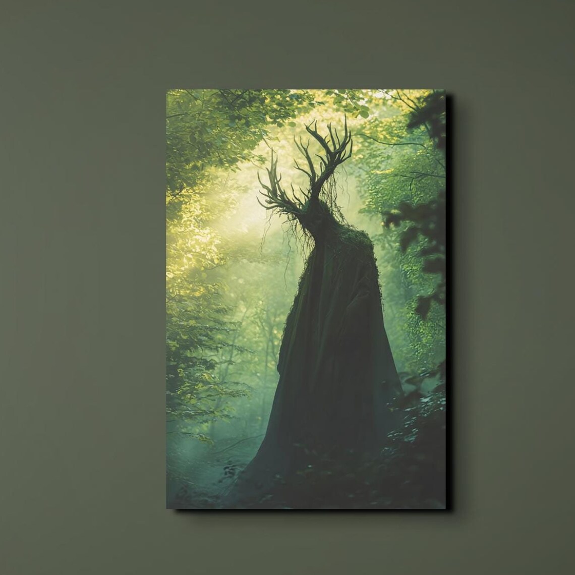 Antlered Cloaked Woodland Figure Standing In A Misty Green Forest Poster