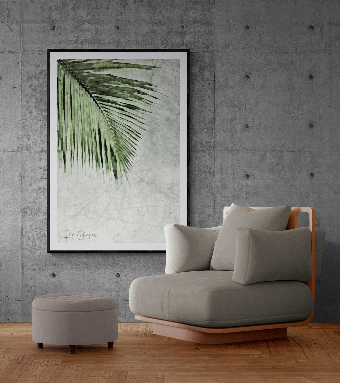 Green Palm Frond Botanical Study on a Textured Gray Art Print - Image 2