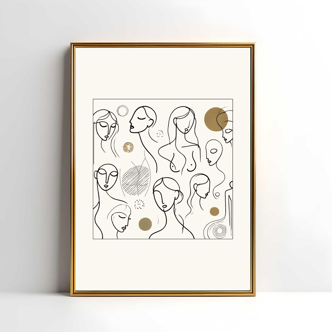 Women Faces One Line Drawing With Beige Dots Abstract Portrait Print - Image 2