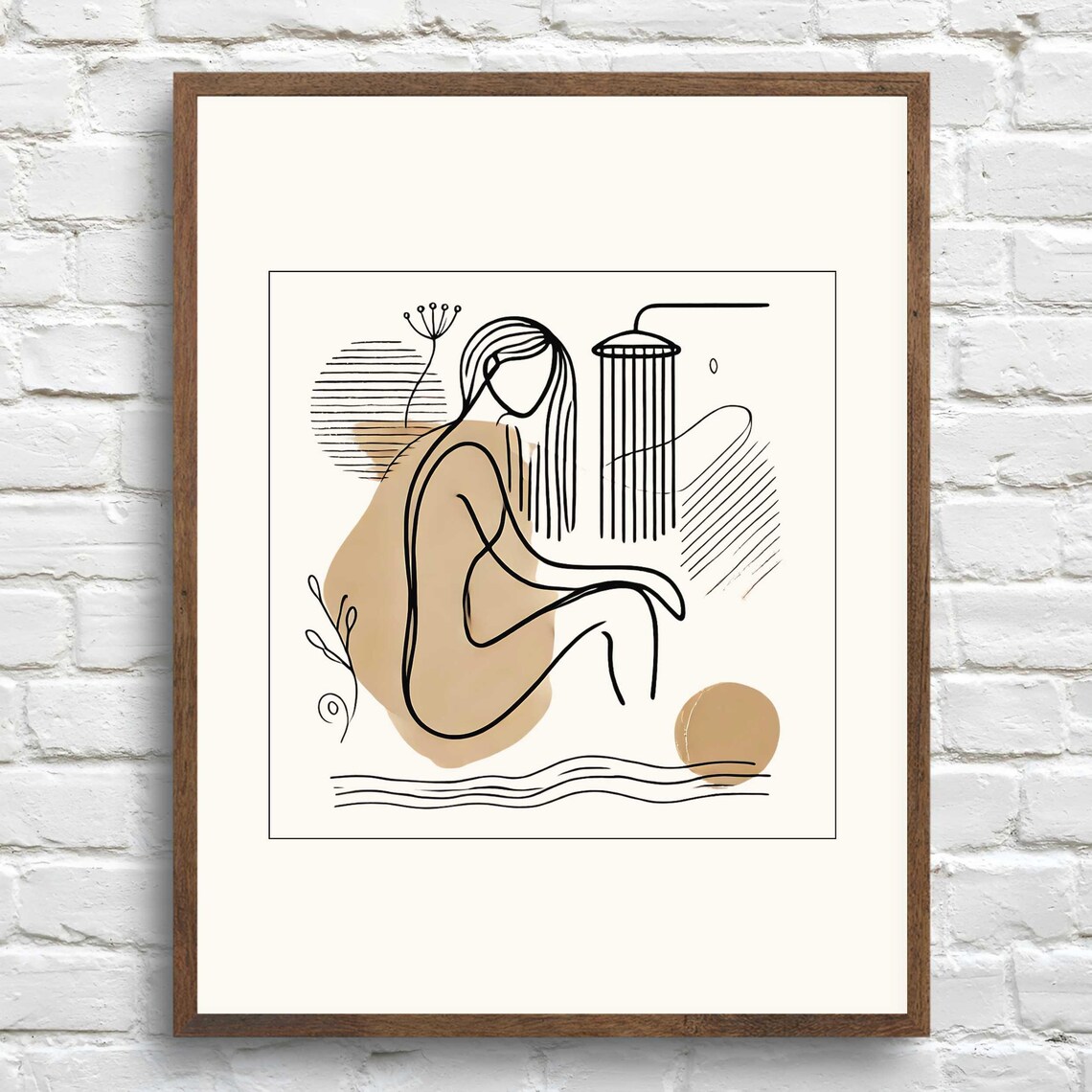 Woman Bathing Abstract Line Art With Beige Shapes Spa Decor Print