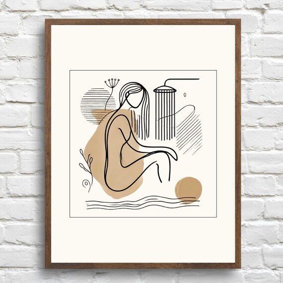 Woman Bathing Abstract Line Art With Beige Shapes Spa Decor Print