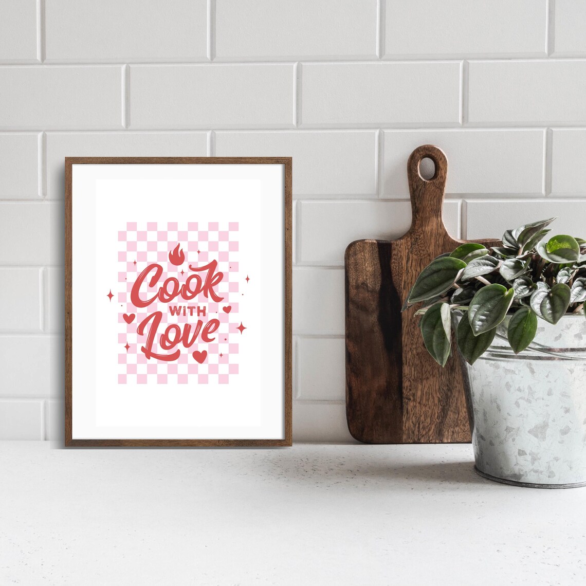 Cook With Love Retro Checkered Kitchen Art Print - Image 2