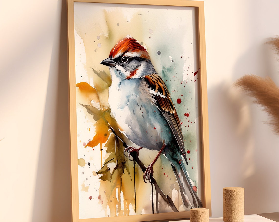 Chestnut Capped Sparrow Watercolor Perched Branch Bird Poster
