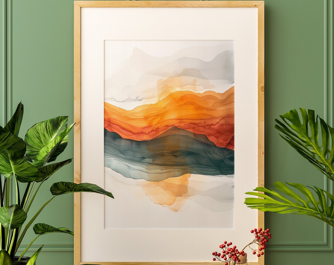 Abstract Layered Landscape Watercolor Orange Teal Modern Art Poster - Image 4