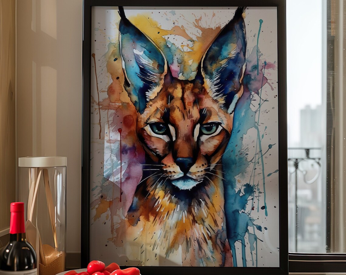 Caracal Wild Cat Watercolor Portrait Vibrant Splash Art Poster