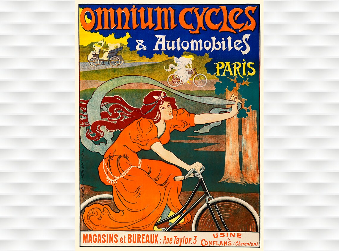 Omnium Cycles Automobiles Art Nouveau Orange Dress Vintage Poster