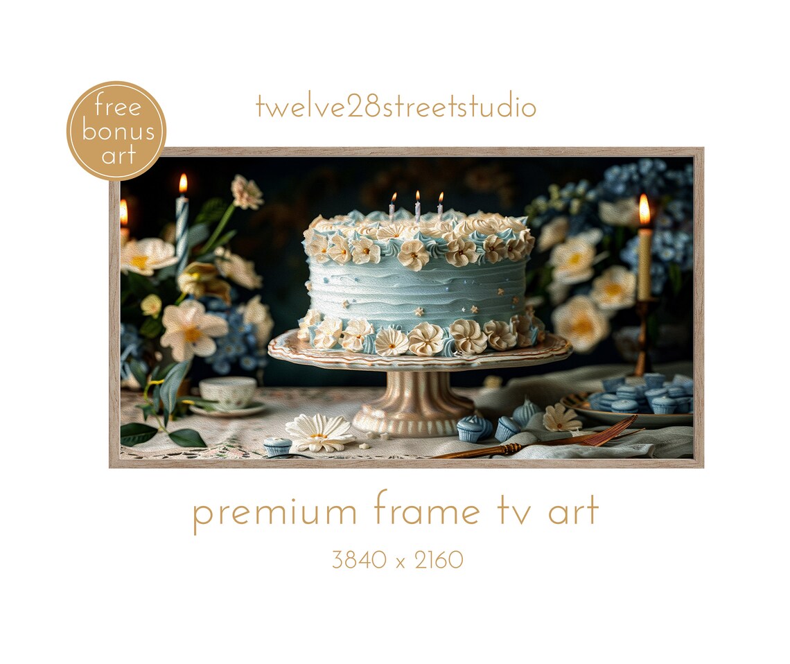 Birthday Cake Vintage Art Print, Birthday Frame TV Decor