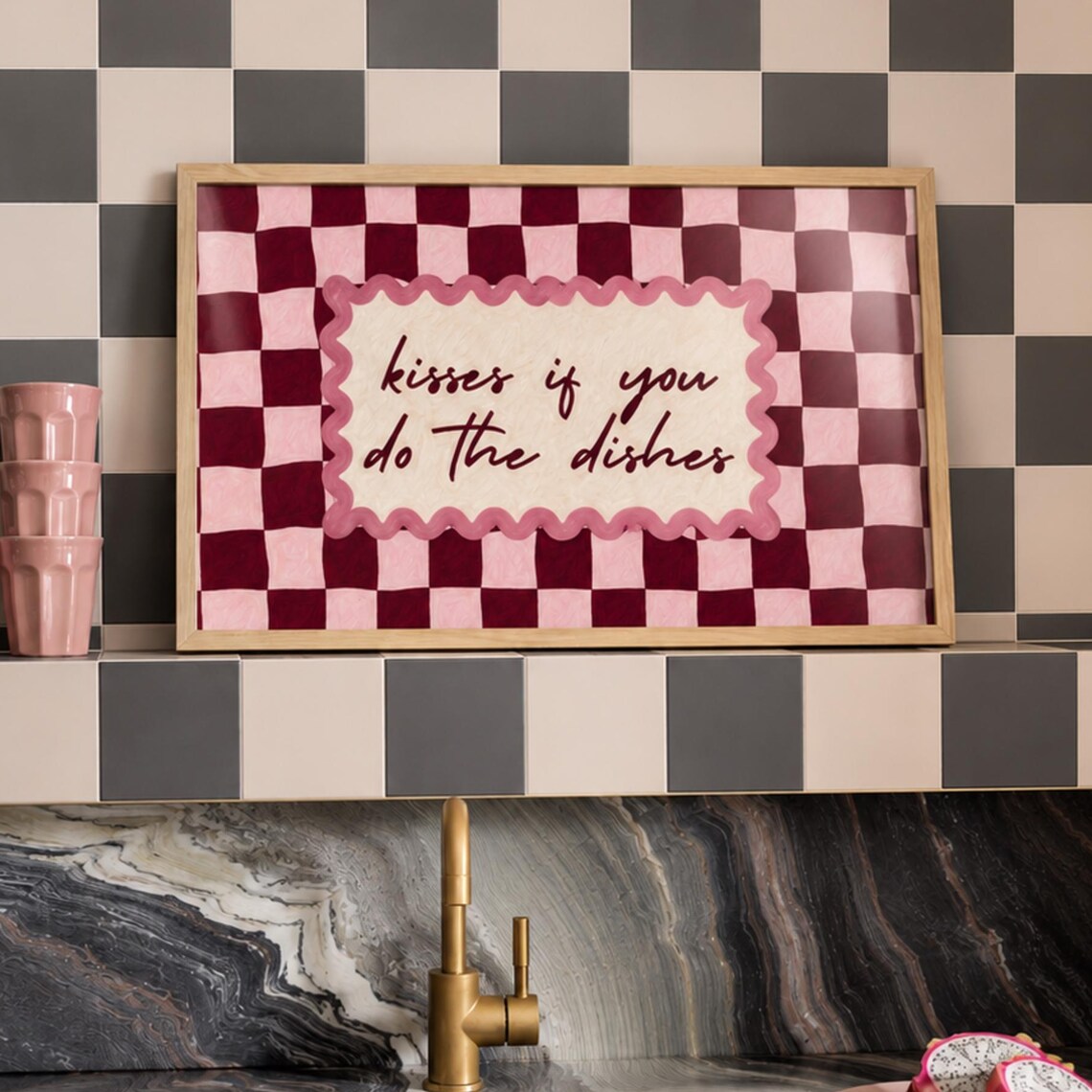 Kisses If You Do The Dishes Checkered Retro Funny Kitchen Quote Poster