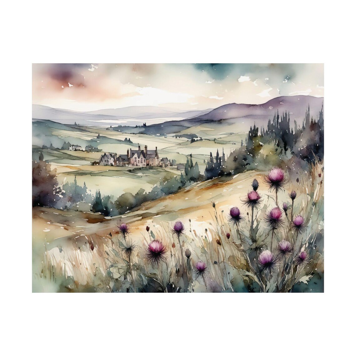 Scotland Landscape With Thistle Flowers Watercolor Art Print
