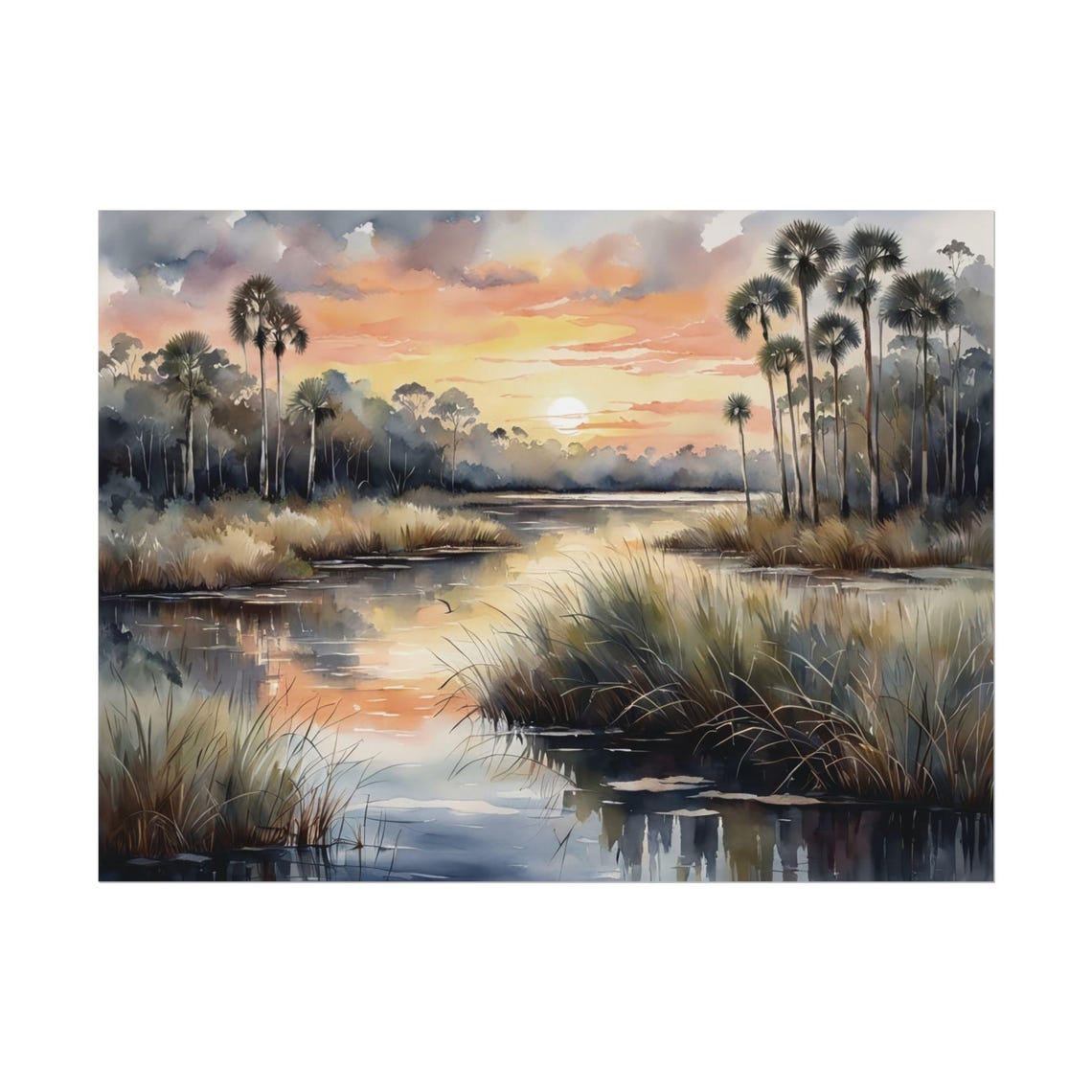 Florida Sunset Wetlands Watercolor Palm Trees Marsh Landscape Poster