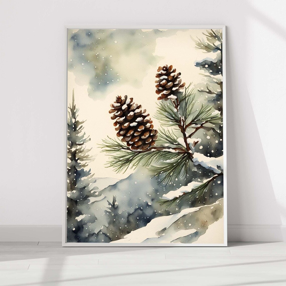 Snowy Pine Cones Frosted Winter Morning Watercolor Botanical Poster