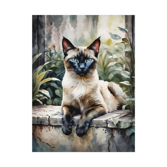 Siamese Cat Watercolor Print Garden Pet Painting Portrait Art