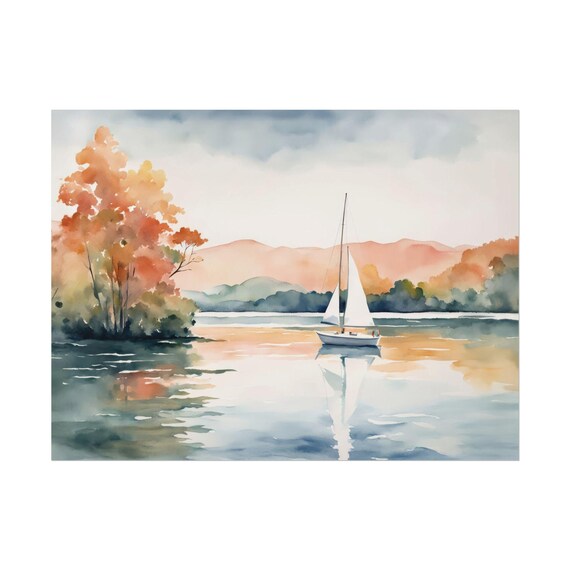Autumn Sunset Lake Print Sailboat Watercolor Orange Sky Landscape Art Living Room Wall Decor Horizontal Poster