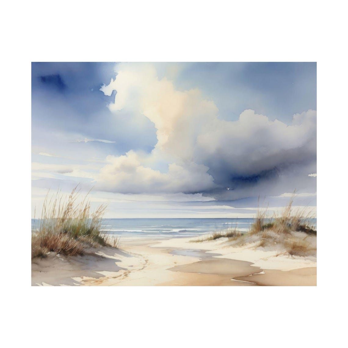 Sandy Beach Dunes Watercolor Sea Grass Clouds Serene Coastal Poster