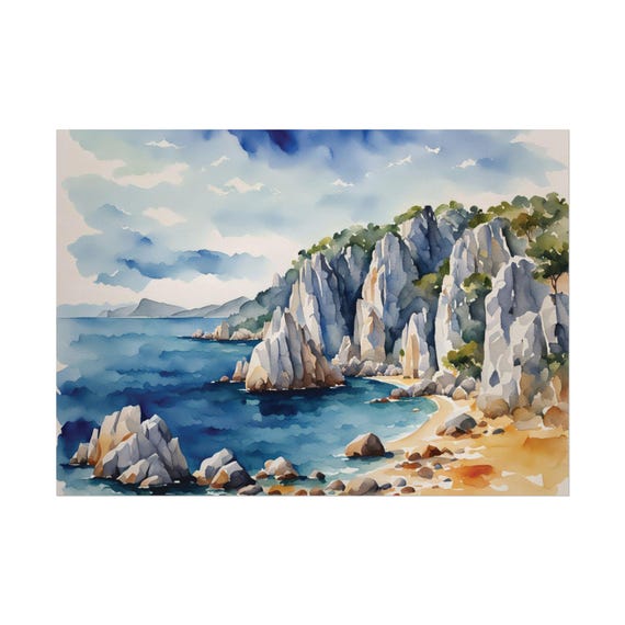 Cala Luna Granite Coast Italy Art Print Watercolor Cityscape Painting Colorful Italian Seascape Wall Cinque Terre Vertical Poster