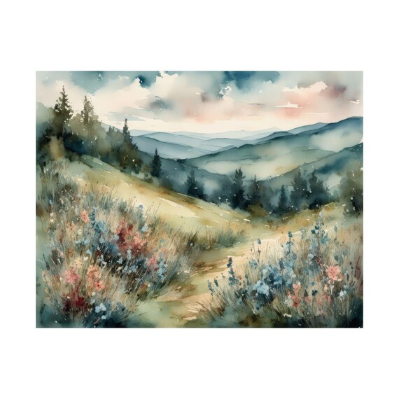 Spring Wildflower Meadow Path Through Rolling Mountains Poster