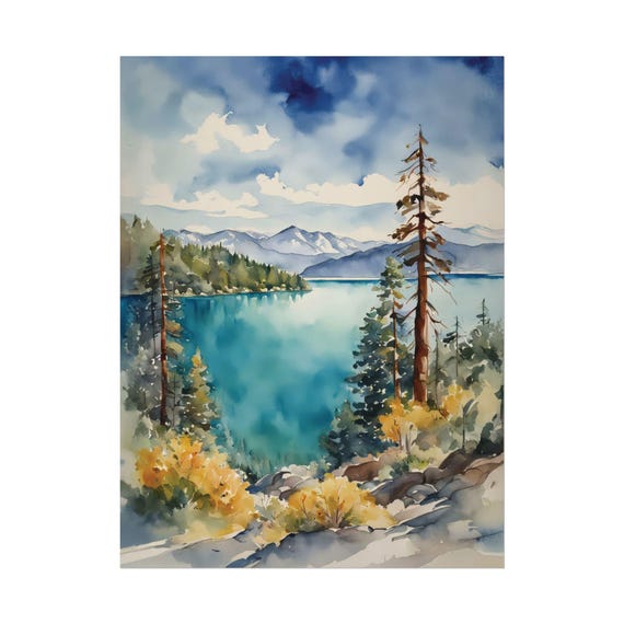 Blue Lake Tahoe Landscape Print Watercolor Painting Turquoise Water Pine Trees Wall Art Vertical Poster