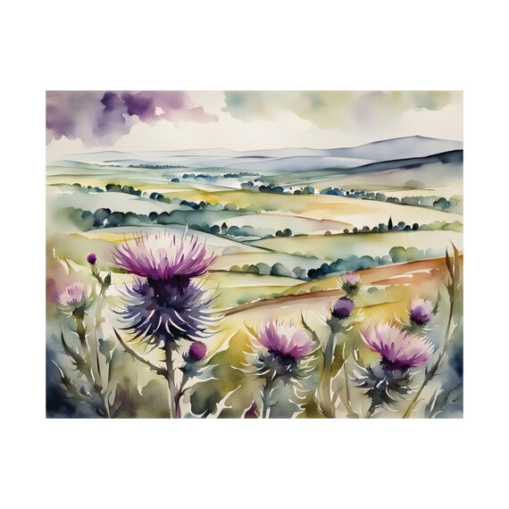 Scottish Thistle Flowers Purple Highlands Watercolor Meadow Poster