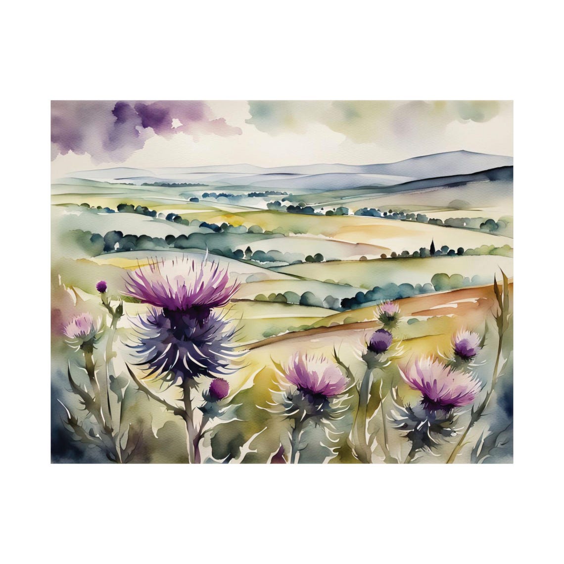 Scottish Thistle Flowers Purple Highlands Watercolor Meadow Poster