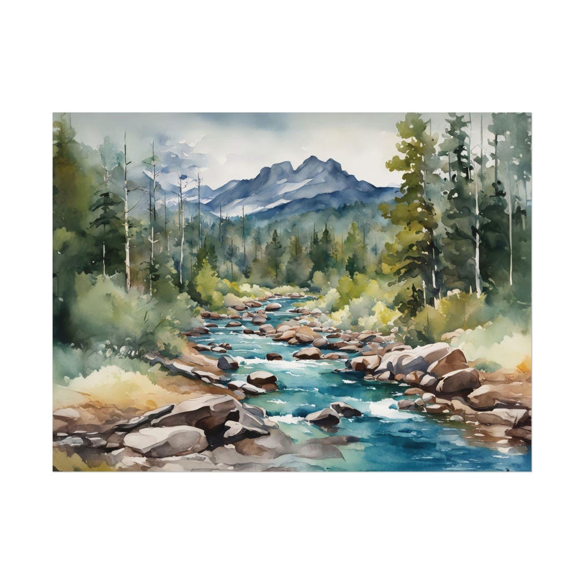 Mountain Stream Rapids Rocky Creek Watercolor Landscape Poster