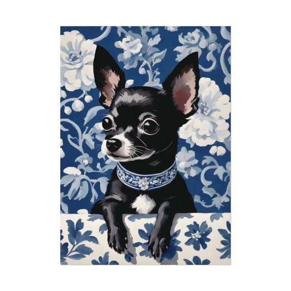 Hanging Out Black Chihuahuas Art Print Dog Lover Gift Blue Floral Chinoiserie Wall Poster Gouache Painting Unique Home Decor
