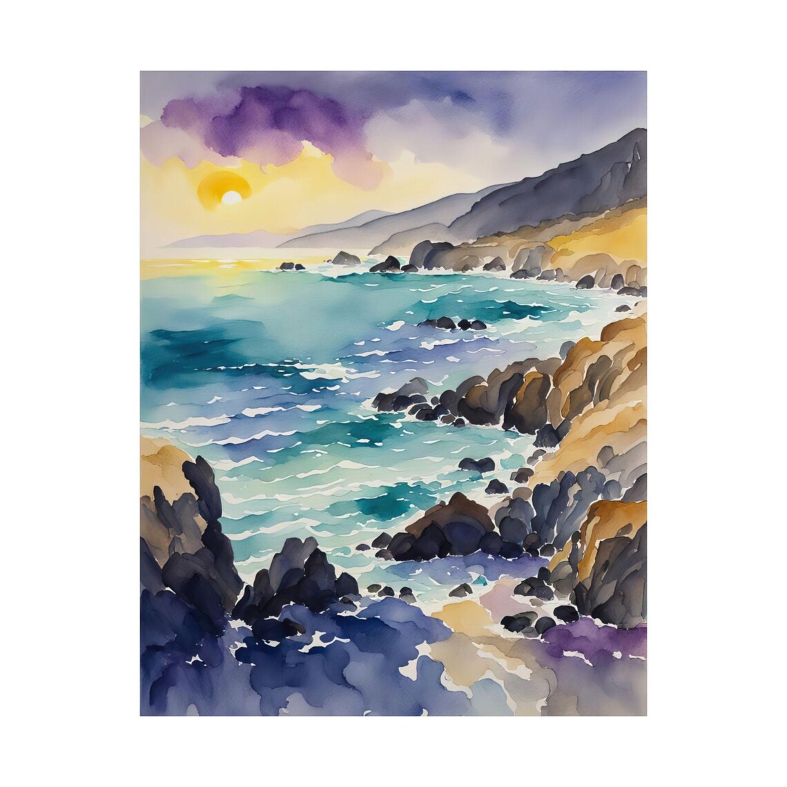 Rocky Coast Sunset Purple Orange Waves Watercolor Ocean Seascape Poster