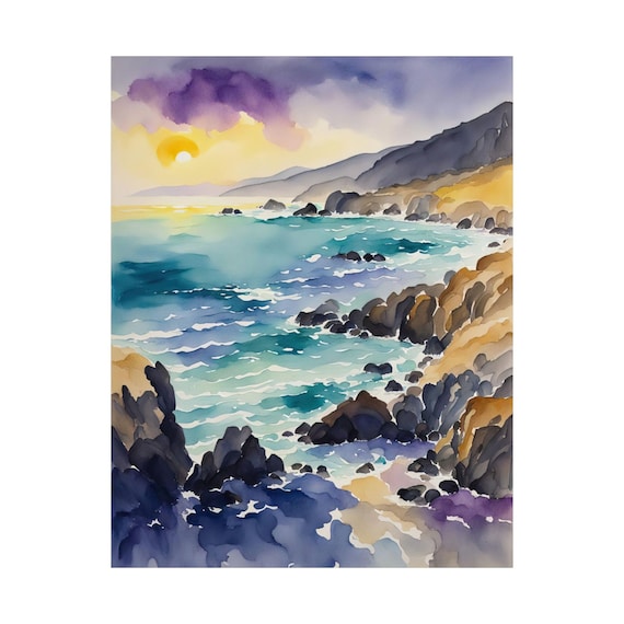 Rocky Coast Sunset Purple Orange Waves Watercolor Ocean Seascape Poster