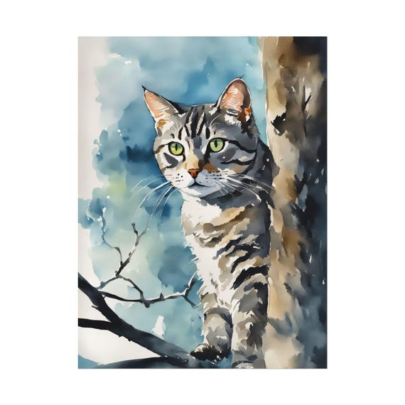 Tabby Cat In A Tree Watercolor Painting Blue Sky Pets Art Print Animal Wall Poster Family Feline Pet