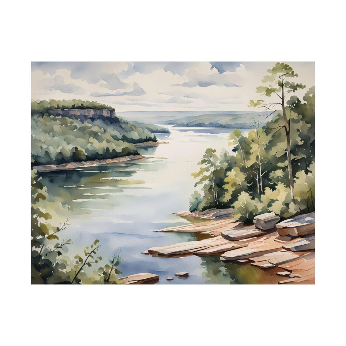 River Valley Pine Forest Tranquil Watercolor Landscape Poster