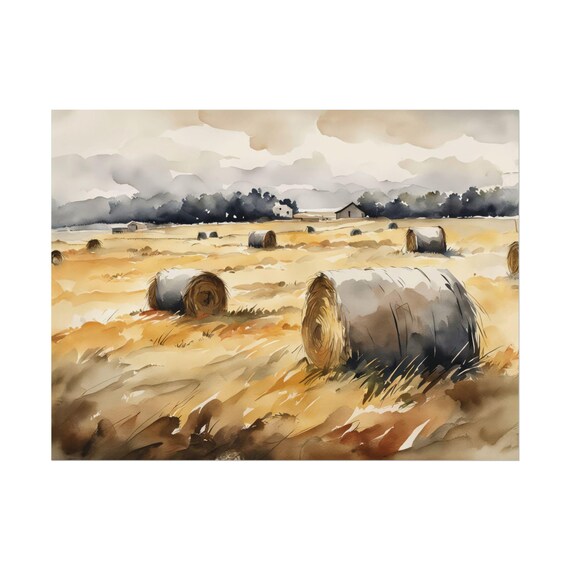 Country Field Haystack Painting Rustic Watercolor Landscape Print Autumn Countryside Farm Poster Farmhouse Wall Decor