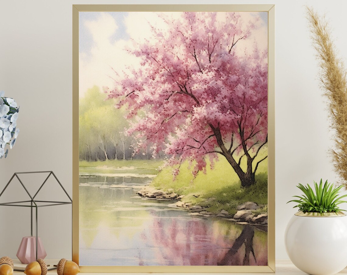 Cherry Blossom Watercolor Art Print, Pastel Pond Landscape