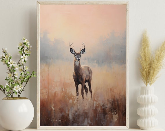 Pastel Deer Painting Art Print, Impressionistic Meadow